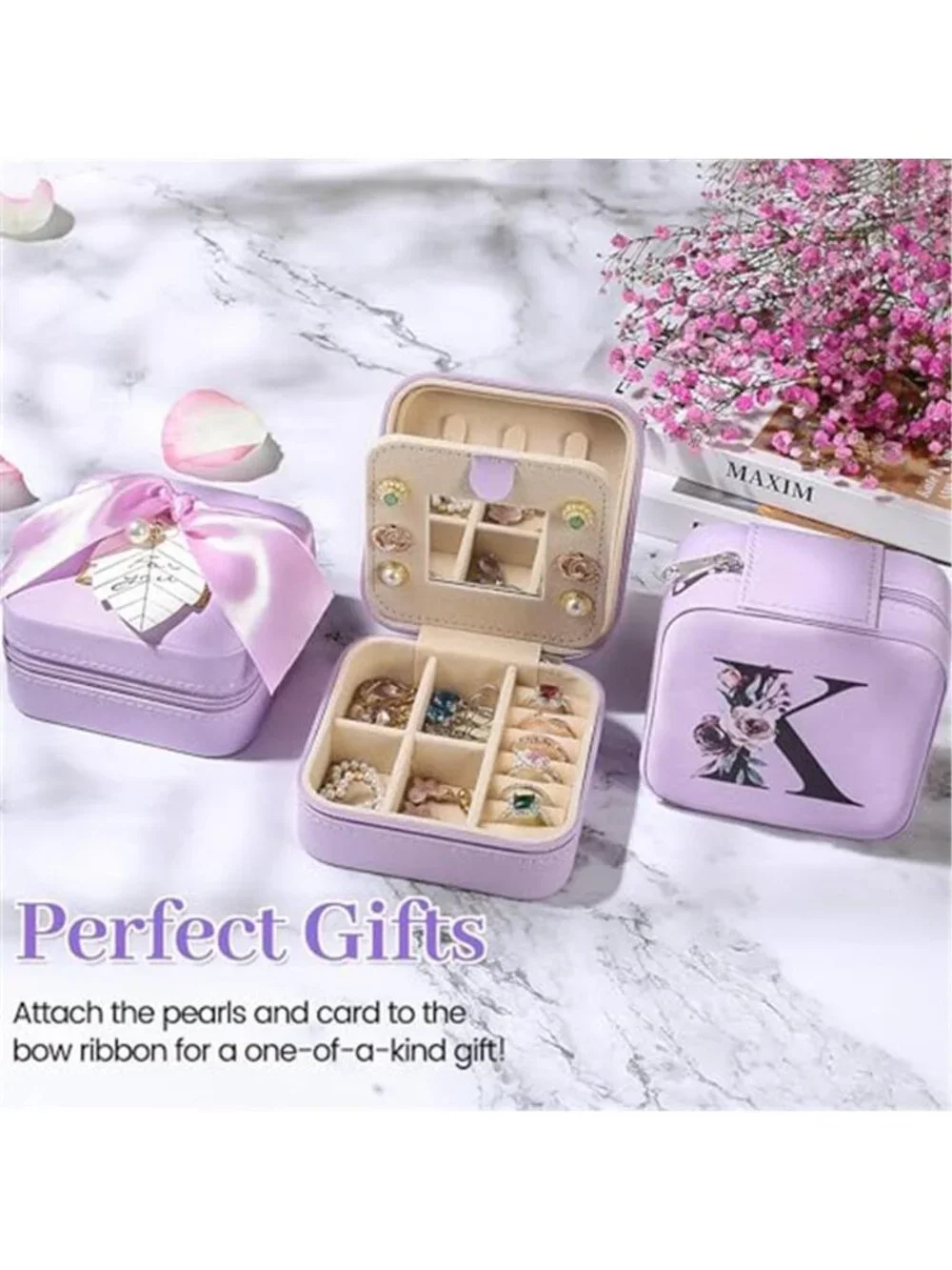 Floral Initial Travel Jewelry Box PU Leather Organizer Case Mirror Gift Women